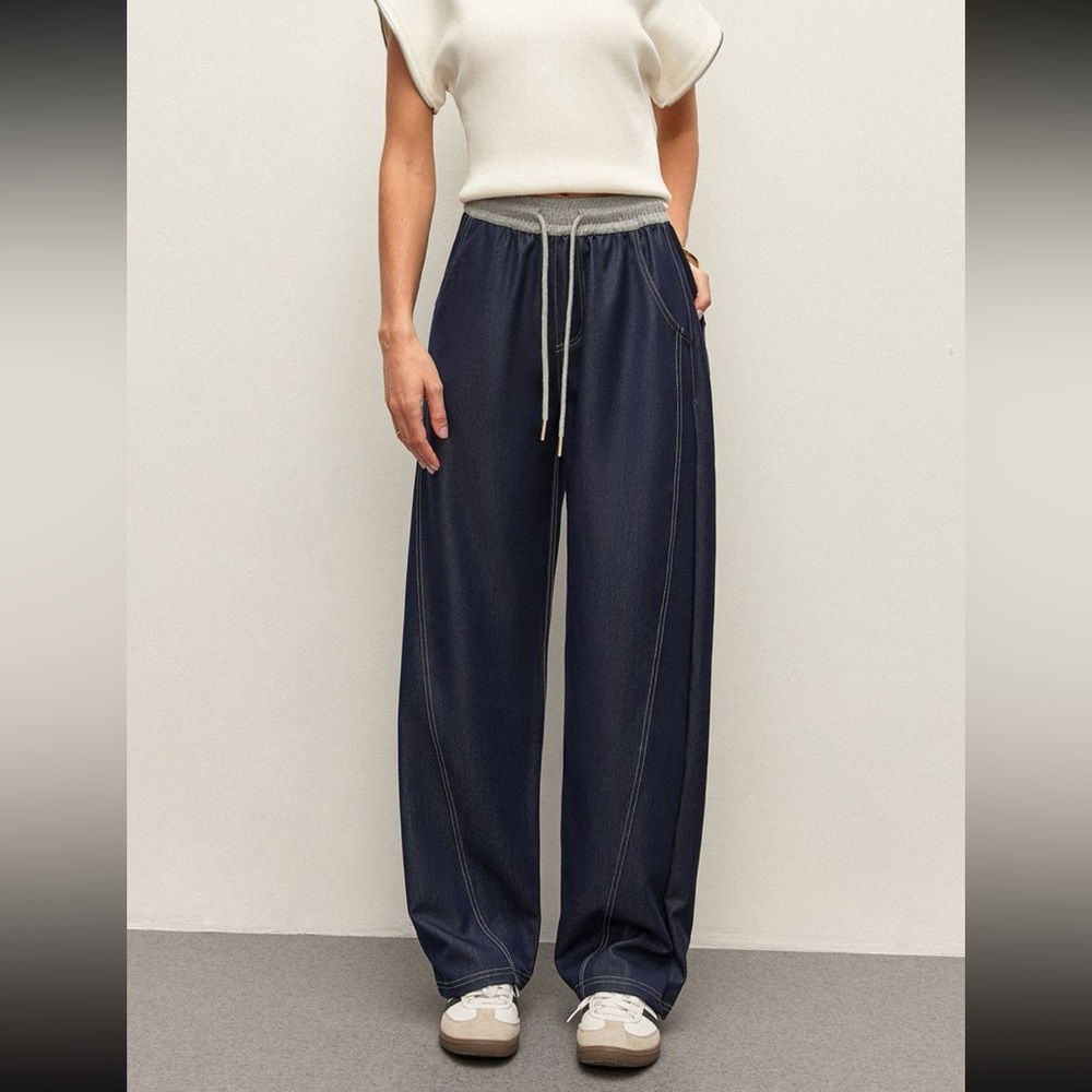 Commense High-waste Drawstring Denim Navy Wide Leg Pants with pockets Size S/4